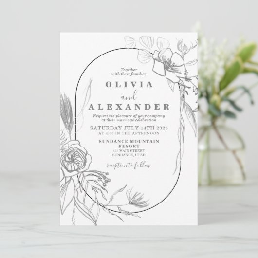 Bloemen Witte en Grijze bloem bruiloft Uitnodiging (Staand voorkant)