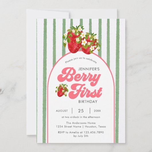 Bloemen Witte Groene Aardbei Berry 1e Verjaardag Kaart (Achterkant)