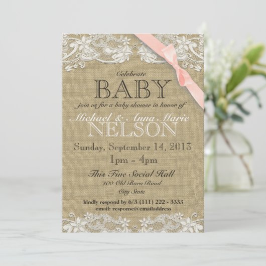 Bloemen Witte Kant en Boog Baby shower Blush Pink Kaart (Staand voorkant)