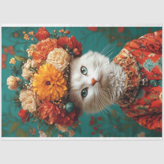 Bloemen Witte Kat Decoupage Tissuepapier (Voorkant)