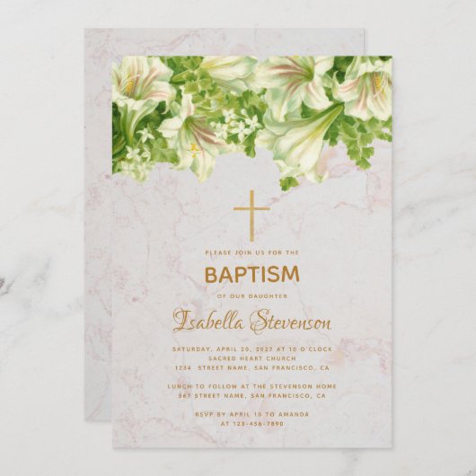 Bloemen Witte Lelies Marmer Goud Kruis Doop Kaart (Voorkant / Achterkant)