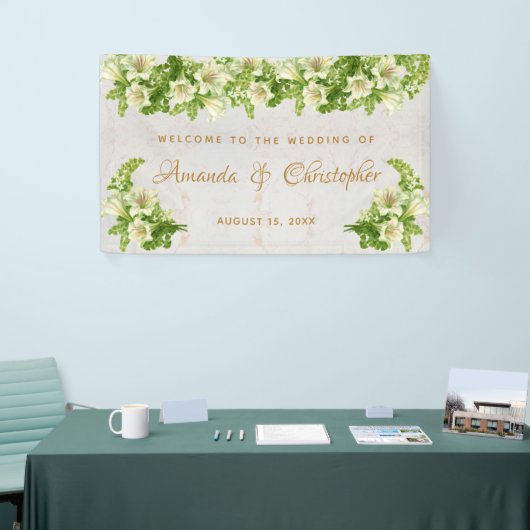 Bloemen Witte Lelies Marmeren Script Huwelijk Welk Spandoek (Beurs)