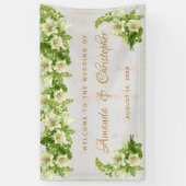Bloemen Witte Lelies Marmeren Script Huwelijk Welk Spandoek (Verticaal)