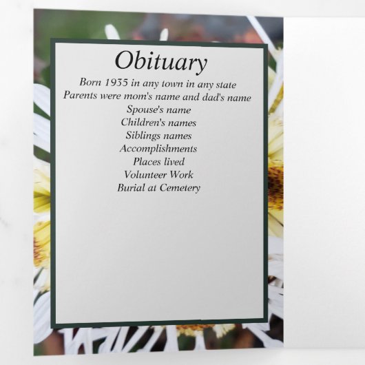 Bloemen Witte Spin Mum Patch Vijf Foto Memorial Drieluik Aankondiging (Binnenzijde eerst)