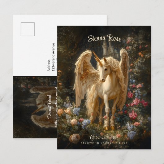  Bloemen Witte Woud Eenhoorn Fantasy Art Briefkaart (Voorkant / Achterkant)