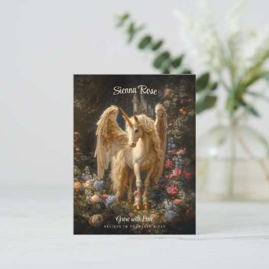 Bloemen Witte Woud Eenhoorn Fantasy Art Briefkaart (Staand voorkant)