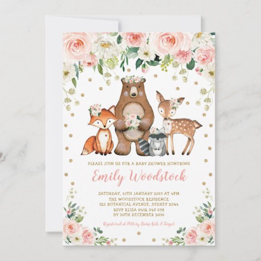  Bloemen Woodland Dieren Baby Meisje Douche Kaart (Voorkant)