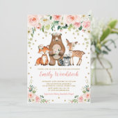  Bloemen Woodland Dieren Baby Meisje Douche Kaart (Staand voorkant)
