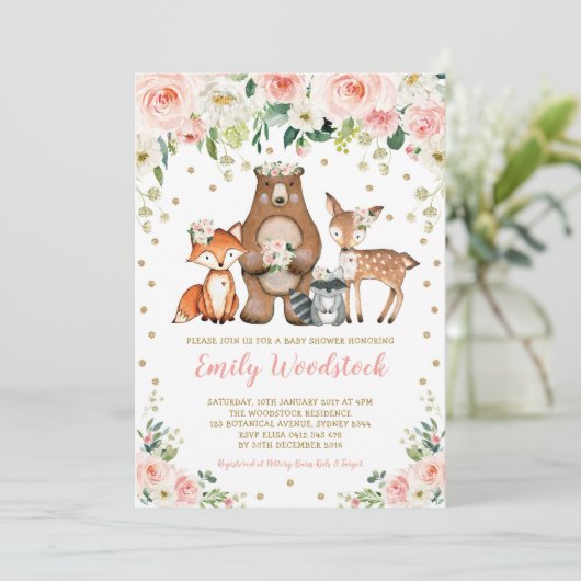  Bloemen Woodland Dieren Baby Meisje Douche Kaart (Staand voorkant)