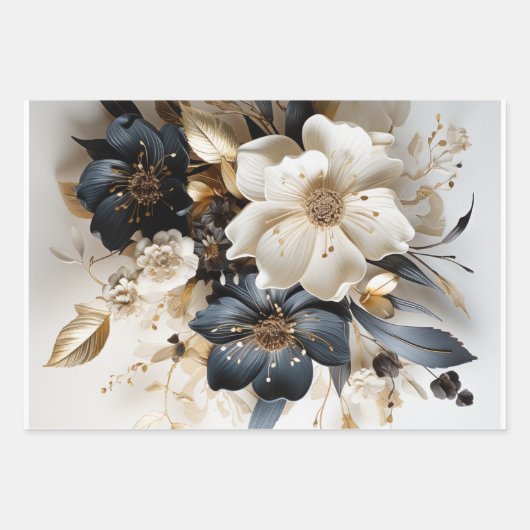 Bloemen Wrapping Papier Goud Blauw Wit Inpakpapier Vel (Voorkant 3)