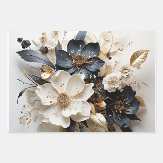 Bloemen Wrapping Papier Goud Blauw Wit Inpakpapier Vel (Voorkant 2)