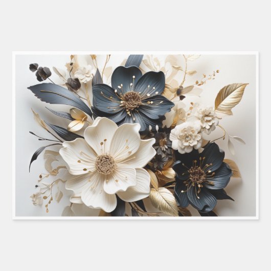 Bloemen Wrapping Papier Goud Blauw Wit Inpakpapier Vel (Voorkant)