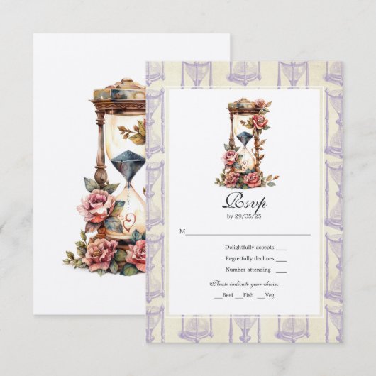 Bloemen Zandloper Bruiloft RSVP Kaartje (Voorkant / Achterkant)