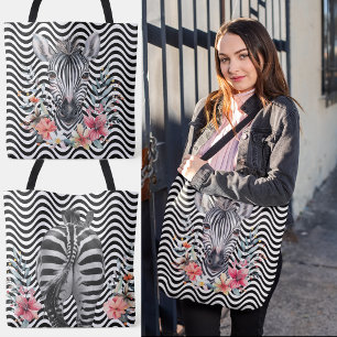 Bloemen Zebra gezicht kont zwart wit golvende stre Tote Bag