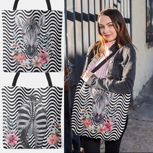 Bloemen Zebra gezicht kont zwart wit golvende stre Tote Bag