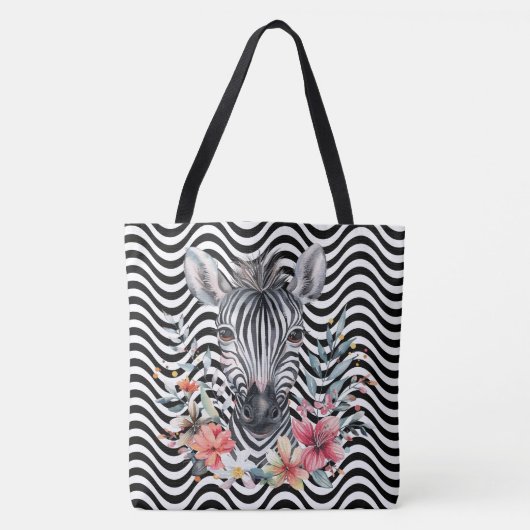 Bloemen Zebra gezicht kont zwart wit golvende stre Tote Bag (Voorkant)