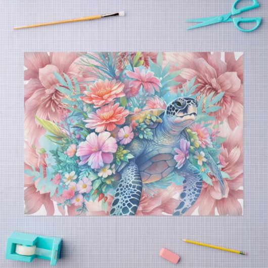 Bloemen Zee Turtle & Pink Flowers Tissuepapier (Craft)
