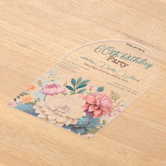 Bloemen zestigste verjaardag dahlia's transparant acryl uitnodigingen (Laagn)