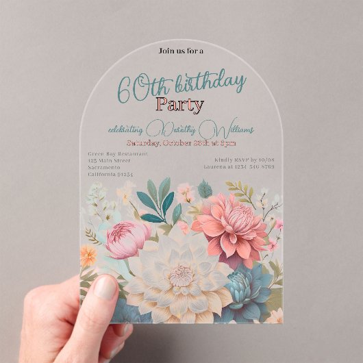 Bloemen zestigste verjaardag dahlia's transparant acryl uitnodigingen (Insitu (Draagbaar))