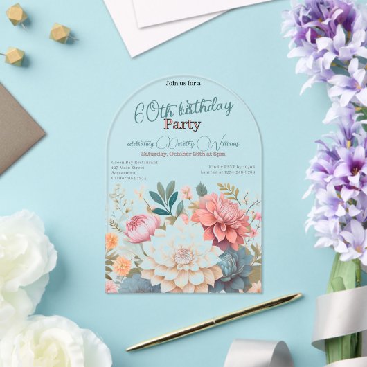 Bloemen zestigste verjaardag dahlia's transparant acryl uitnodigingen (Insitu (Huwelijk))