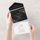  Bloemen Zilver en Zwarte Huwelijk All In One Uitnodiging (Afscheurbaar)