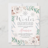 Bloemen Zilver Glitter Winter Onederland Verjaarda Kaart (Voorkant)