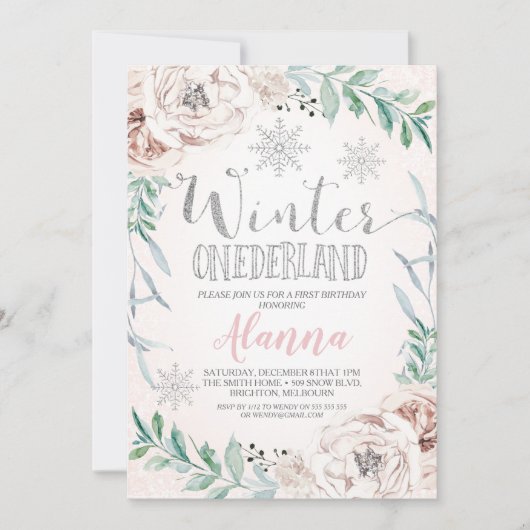 Bloemen Zilver Glitter Winter Onederland Verjaarda Kaart (Voorkant)