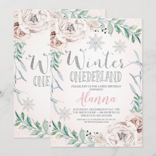 Bloemen Zilver Glitter Winter Onederland Verjaarda Kaart (Voorkant / Achterkant)