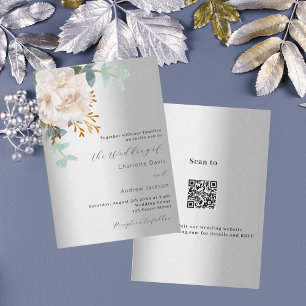 Bloemen zilver groen luxe QR code RSVP bruiloft Kaart