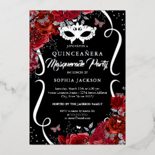 Bloemen Zilver Rode Scroll Masquerade Quinceanera Folie Uitnodiging