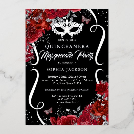 Bloemen Zilver Rode Scroll Masquerade Quinceanera Folie Uitnodiging (Voorkant)