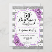 Bloemen Zilver Wit Paarse Foto 50ste Verjaardag Kaart (Voorkant)