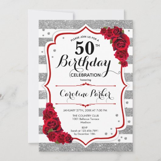 Bloemen Zilver Wit Rood Rozen Foto 50e Verjaardag Kaart (Voorkant)