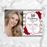 Bloemen Zilver Wit Rood Rozen Foto 50e Verjaardag Kaart<br><div class="desc">Elegante bloemenvrouwelijke 50e verjaardagsuitnodiging met uw foto. Glam, wit en rood ontwerp met faux glitter zilver. Met strepen, rode rozen, script lettertype en confetti. Perfect voor een stijlvol volwassen feestje. Personaliseer met je eigen gegevens. Kan voor om het even welke leeftijd worden aangepast! Gedrukte Zazzle-uitnodigingen of direct download digitale afdrukbare...</div>