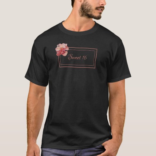 Bloemen zoet 16 roze en zwart t-shirt (Voorkant)