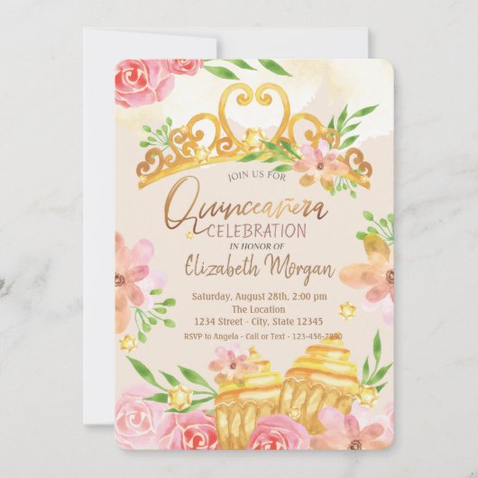 Bloemen, zoet, Roos Gold Quinceañera Kaart (Voorkant)