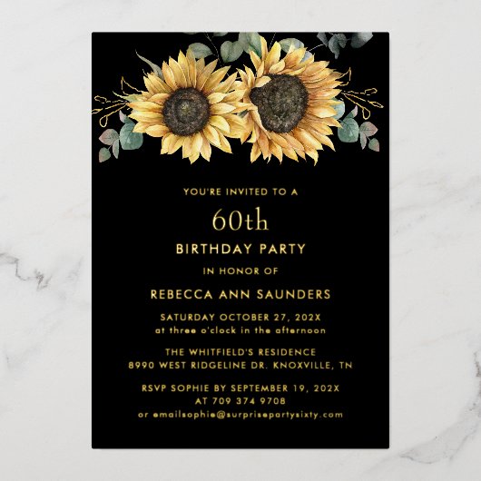 Bloemen Zonnebloem 60e Verjaardag Party Goud Folie Uitnodiging (Voorkant)