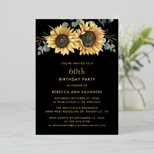 Bloemen Zonnebloem 60e Verjaardag Party Goud Folie Uitnodiging (Staand Voorkant)