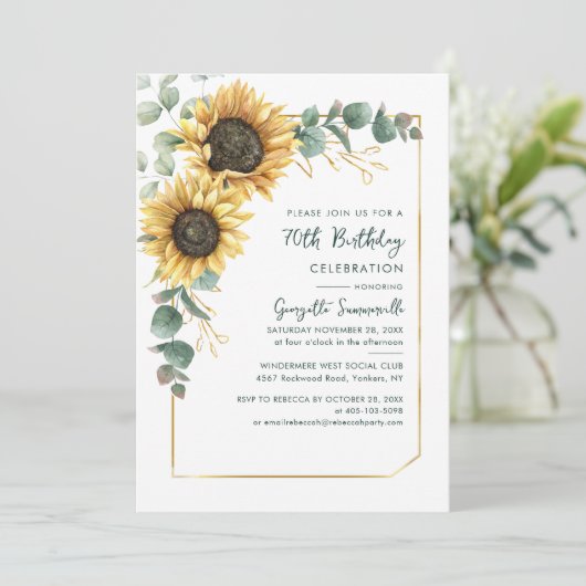 Bloemen Zonnebloem 70e Verjaardagsfeest Eucalyptus Kaart (Staand voorkant)