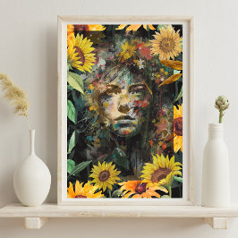 Bloemen Zonnebloem Collage Geel Vrouw Portret Poster