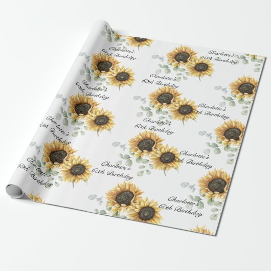 Bloemen Zonnebloem Eucalyptus 60e verjaardag Cadeaupapier (Uitgerold)