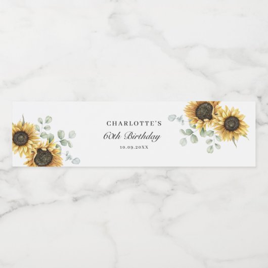 Bloemen Zonnebloem Eucalyptus 60e verjaardag Custo Waterfles Etiket (Enkel label)