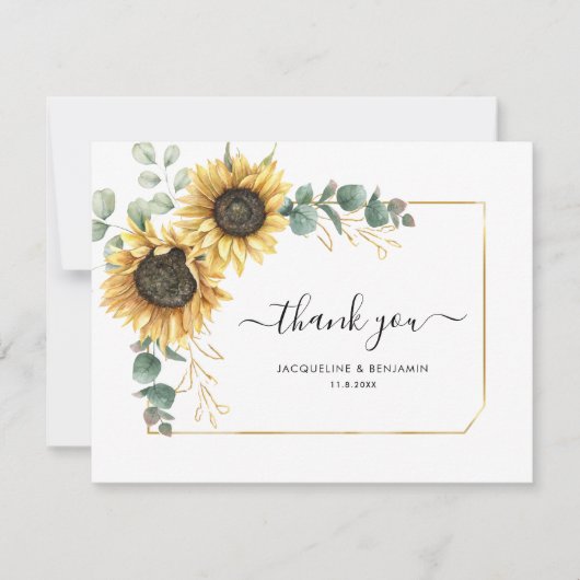 Bloemen Zonnebloem Eucalyptus Bruiloft Dank u kaar Notitiekaartje (Voorkant)