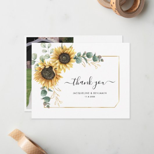 Bloemen Zonnebloem Eucalyptus Bruiloft Dank u kaar Notitiekaartje (Voorkant / Achterkant in situ)