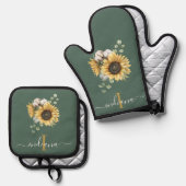 Bloemen Zonnebloem Eucalyptus Monogram Script Ovenwant & Pannenlap Set (Voorkant / Achterkant)