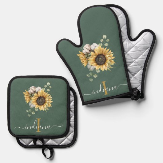 Bloemen Zonnebloem Eucalyptus Monogram Script Ovenwant & Pannenlap Set (Voorkant / Achterkant)