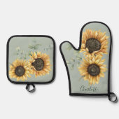 Bloemen zonnebloem eucalyptus rustiek gepersonalis ovenwant & pannenlap set (Voorkant)