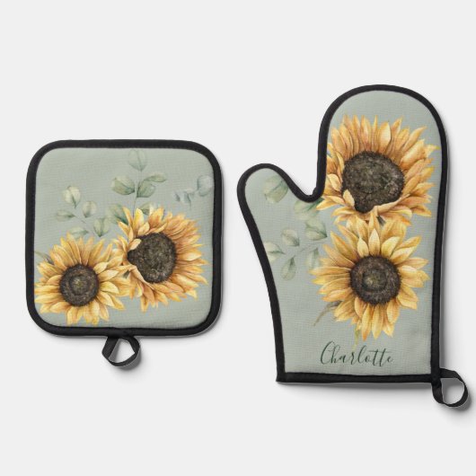 Bloemen zonnebloem eucalyptus rustiek gepersonalis ovenwant & pannenlap set (Voorkant)