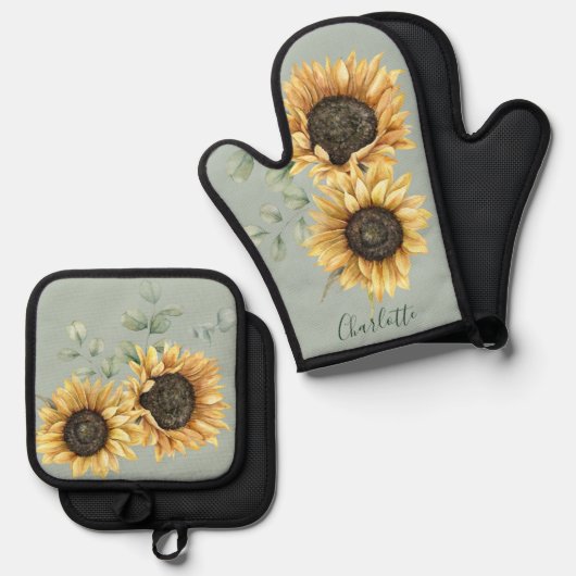 Bloemen zonnebloem eucalyptus rustiek gepersonalis ovenwant & pannenlap set (Voorkant / Achterkant)