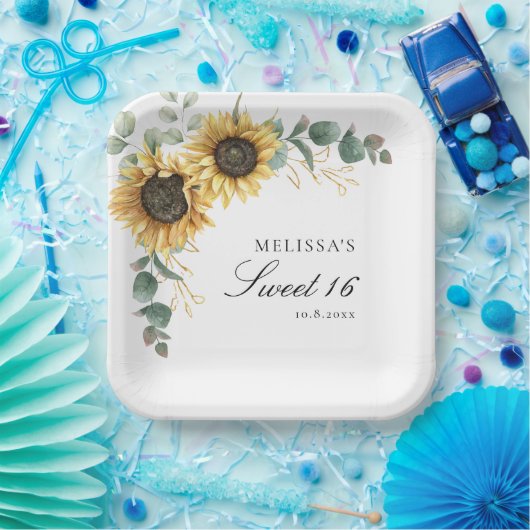 Bloemen Zonnebloem Eucalyptus Rustiek Sweet 16 Par Papieren Bordje (Feest)